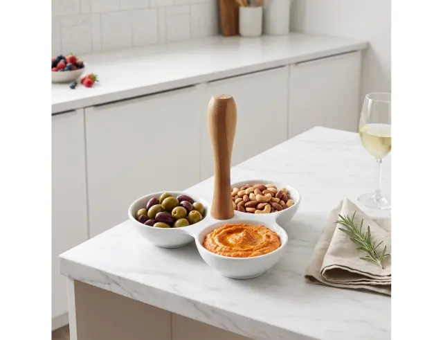 Μπολ Σερβιρίσματος Excellent Houseware πορσελάνινο, λαβή από μπαμπού, με 3 ξεχωριστές θήκες, λευκό, 20 x 20 x 17cm 795880370