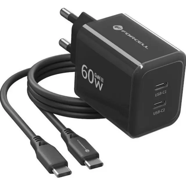 Phone charger Forcell F-Energy GaN III 2x USB C AVS SSFC3.0 60W + scable USB C to USB C VT-60 black 2