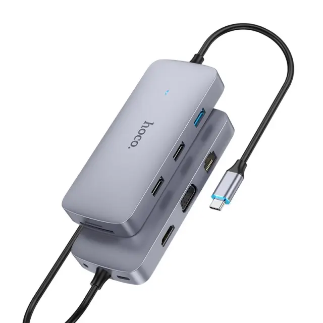Hub USB-C Hoco HB33 Easy 10-in-1 με HDMI 4K USB-C PD100W USB3.0 2xUSB SD Micro-SD RJ45 VGA and 3.5mm Γκρι 18cm 3