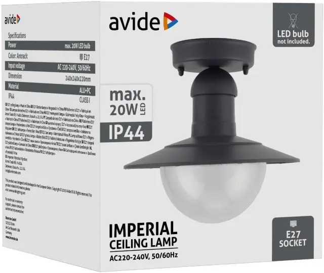 Avide Εξωτερικό Φωτιστικό Οροφής Imperial 1xE27 IP44 Ανθρακί 15.001.1527 2