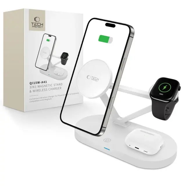 Tech-protect Qi15w-a41 3in1 Magnetic Magsafe Wireless Charger White