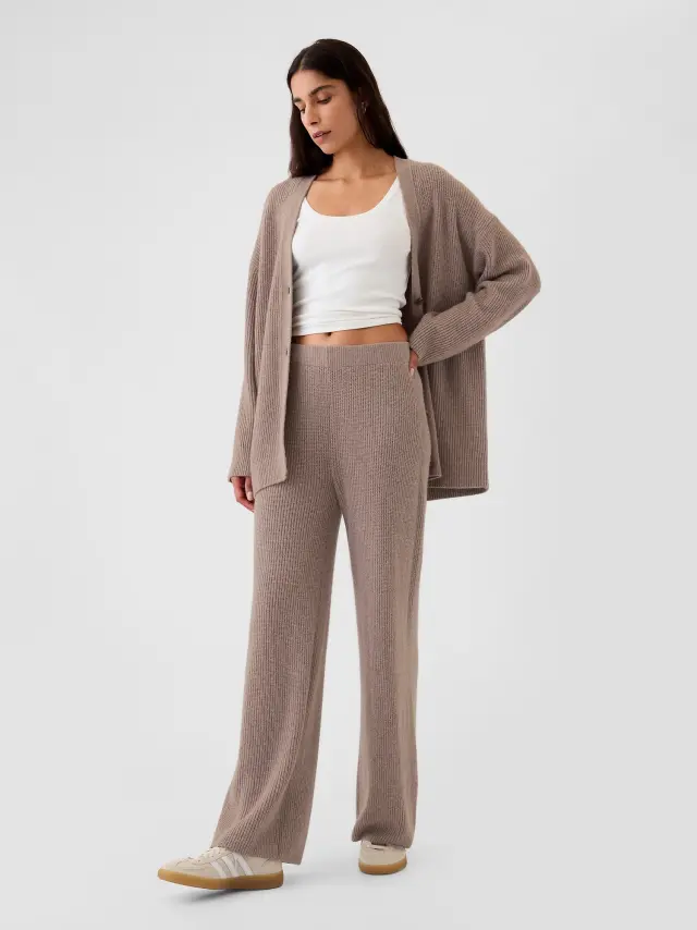 Μπεζ CashSoft Shaker-Stitch Παντελόνι Flannel taupe beige