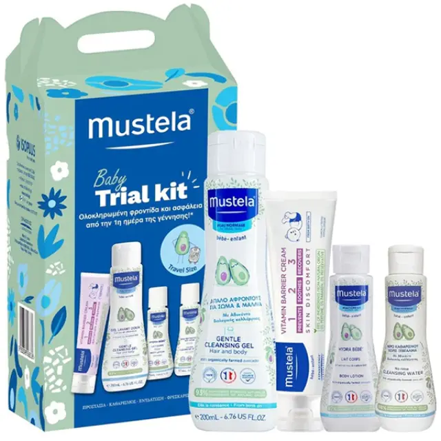 Mustela Baby Trial Promo με Gel Καθαρισμού για Σώμα + Μαλλιά, 200ml, Hydra Bebe Κρέμα Ενυδάτωσης Σώματος, 50ml, Νερό Καθαρισμού Xωρίς Ξέβγαλμα, 50ml + Κρέμα Αλλαγής Πάνας, 50ml, 1σετ