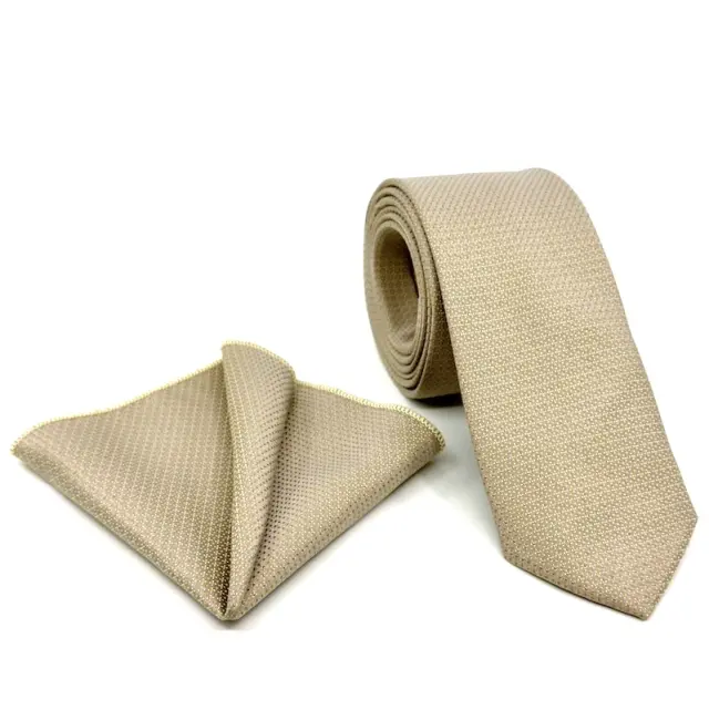 Μπεζ Γραβάτα Μικροσχέδιο Microfiber Σετ με Μαντήλι
