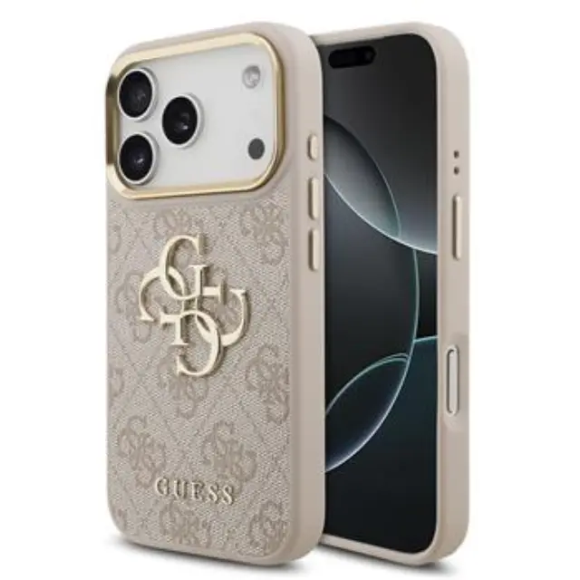 Guess PU Leather 4G Metal Logo Gold Frame Case for iPhone 17 Pro Pink