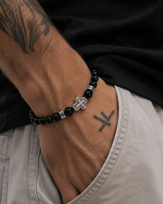 Ghetto Black Beaded Cross Stretch Bracelet 2