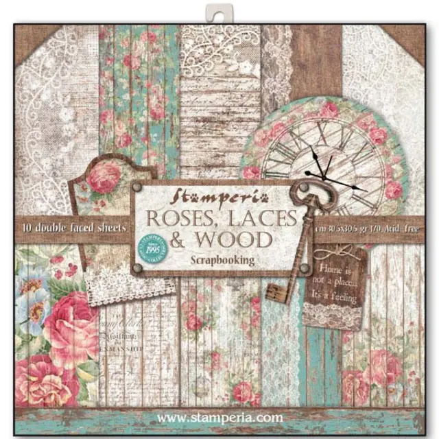 Σετ 10 Χαρτιά Scrapbooking Stamperia Διπλής Όψης - Roses, Lace & Wood - 30x30cm