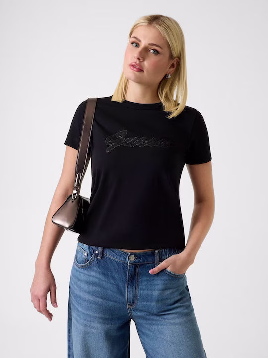 Guess Γυναικείο Crop Top Κοντομάνικο Animal Print Μπεζ Μπεζ - XXL