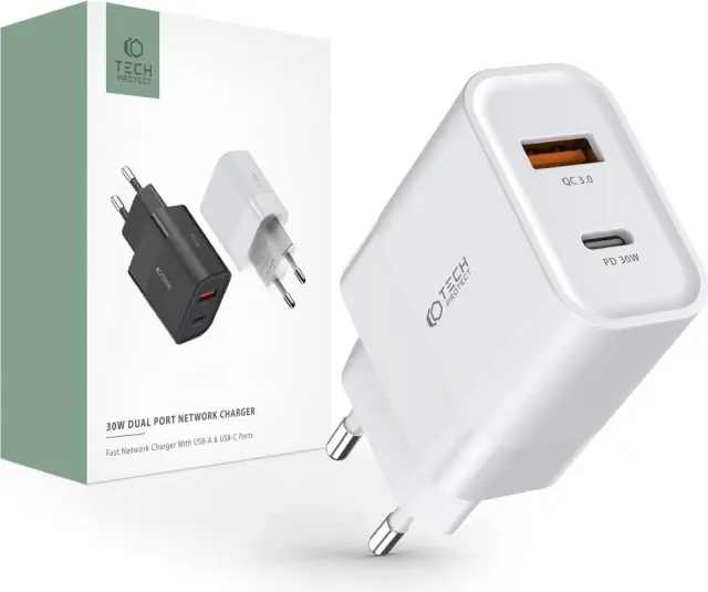 Tech-Protect Φορτιστής C30W USB-C PD 30W / USB-A QC 3.0 White