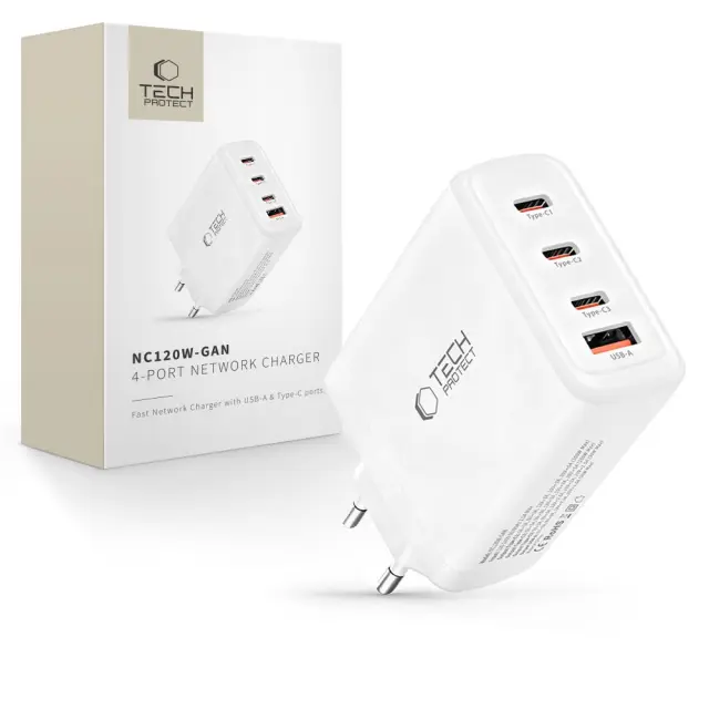 Tech-protect Nc120w-gan 4-port Network Charger Pd 120w / Qc3.0 White