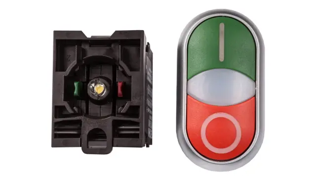 M22-DDL-GR-X1/X0/K11/230-W Double actuator pushbutton, RMQ-Titan, Actuators and indicator lights non-flush, momentary, 1 NC, 1 N/O, White lens, LED element, 85 - 264 V AC, green