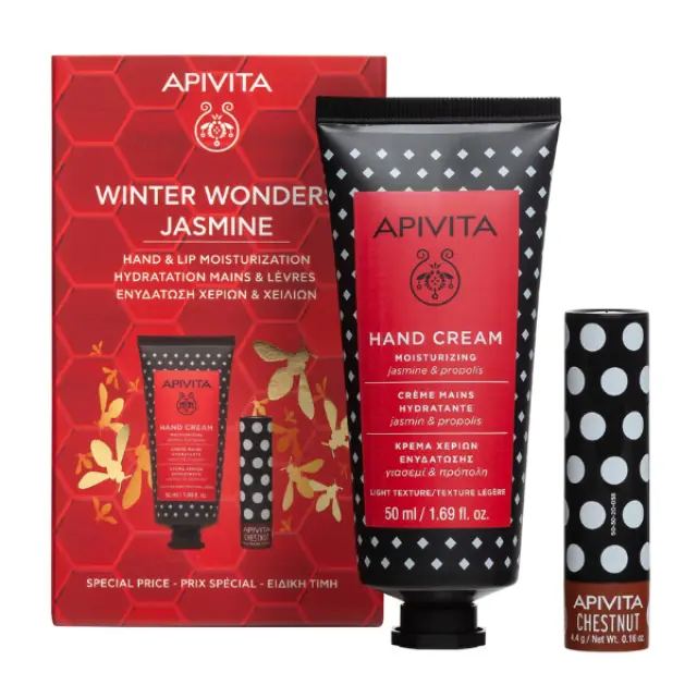 Apivita Winter Wonders Jasmine Κρέμα Χεριών Ενυδάτωσης Γιασεμί 50ml & Lip Care Κάστανο