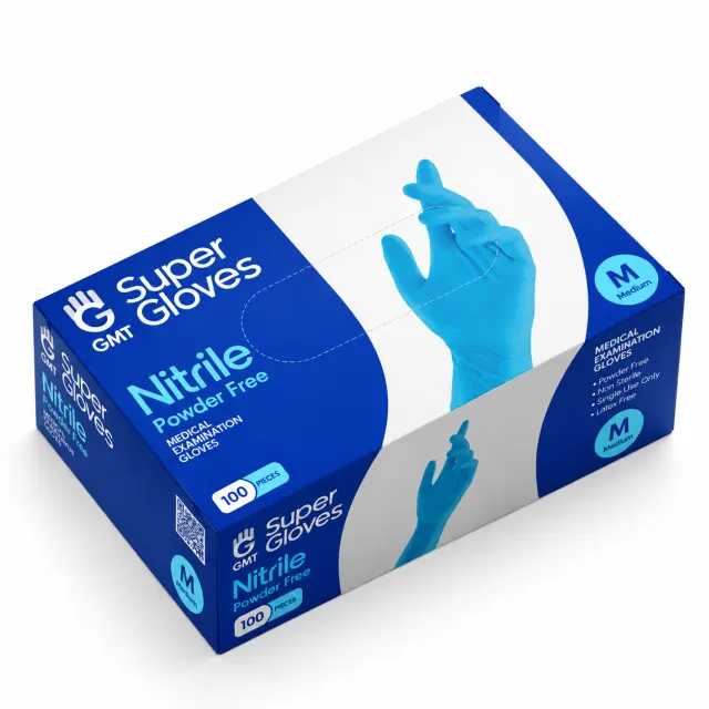 GMT Super Gloves Γάντια Νιτριλίου Χωρίς Πούδρα σε Μπλε Χρώμα (MEDIUM) 100τμχ