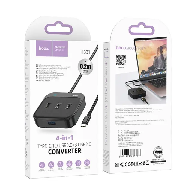Hub USB-C Hoco HB31 Easy 4-in-1 με 1 x USB3.0 και 3 x USB2.0 Μαύρο 20cm 2