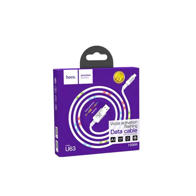 Καλώδιο σύνδεσης Hoco U63 Spirit USB σε Micro-USB 2.4A και Φωτεινές Ενδείξεις με Ηχητικό Αισθητήρα Λευκό 1.2m 2