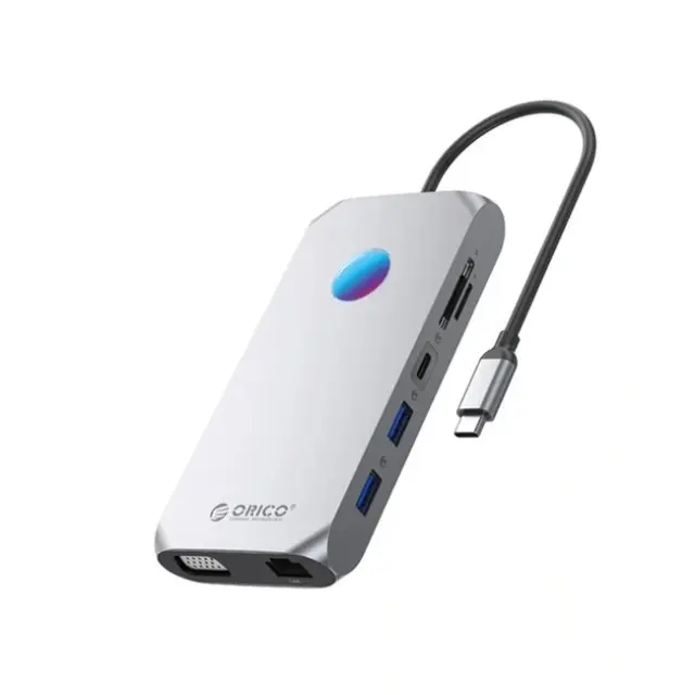 Orico Docking Station XCR 12in1 RGB 3x USB-A 3.1 1x USB-A 2.0 1x USB-C PD 100W 1x USB-C 3.1 1x HDMI 1.4 4K30Hz 1x VGA 1080p 1x microSD/SD 3.0 1x RJ Gigabit Ethernet 1x Audio CTIA 3.5mm Gray