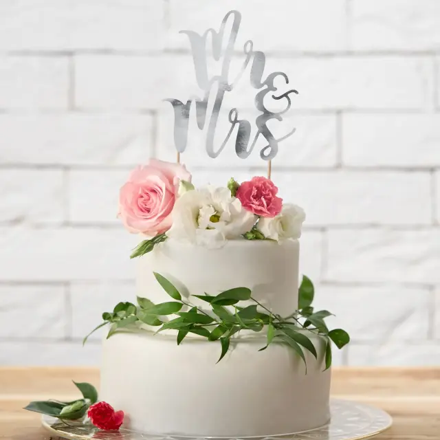 PartyDeco Cake Topper Mr - Mrs-Ασημί 2