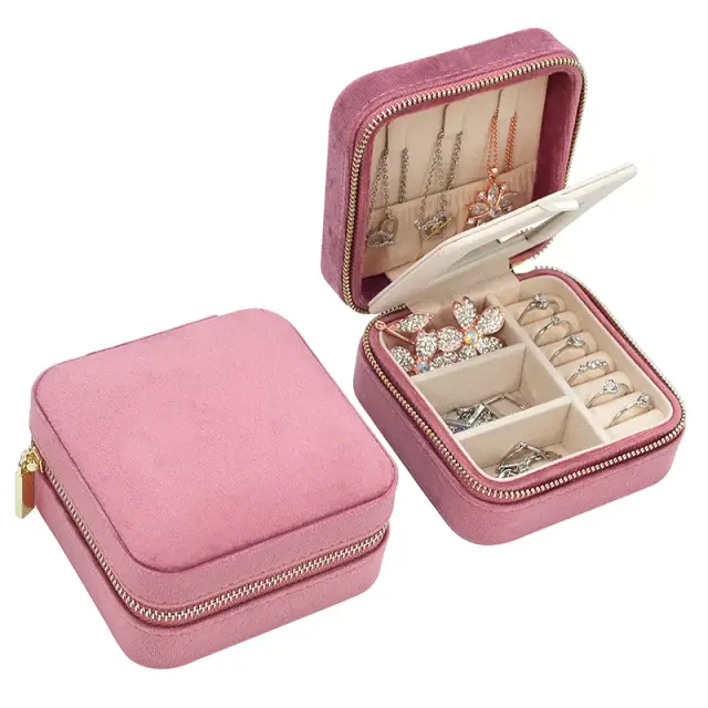 Ghetto Velvet Portable Jewelry Organizer Box with Mirror | Travel Storage Case for Rings, Earrings + Necklaces Pink