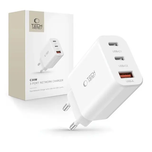 Tech-Protect Φορτιστής NC30W 2x USB-C PD 30W / USB-A QC 3.0 White