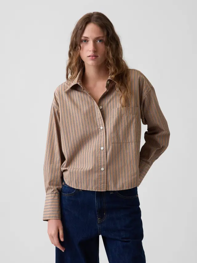Γυναικείο Πουκάμισο Oversized Cropped από Βιολογική Βαμβακερή Ποπλίνα Camel tan stripe