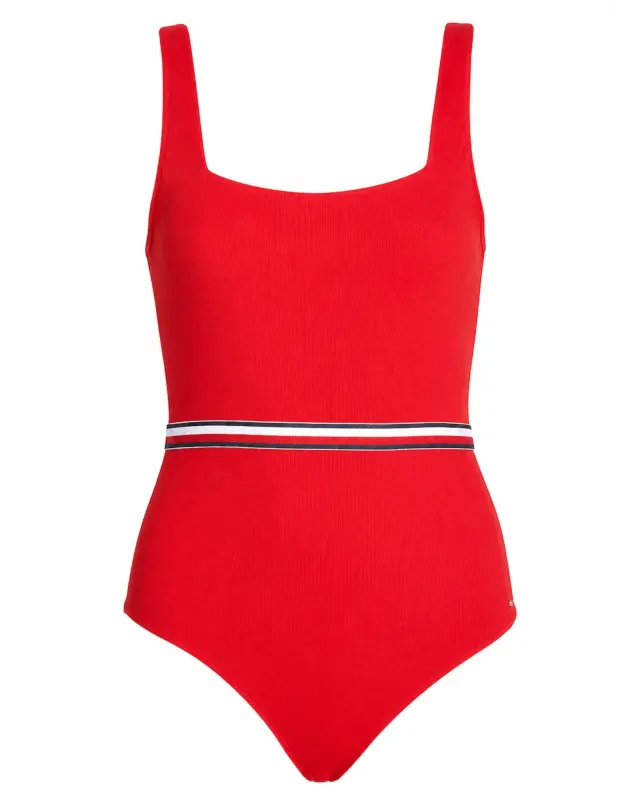 Tommy Hilfiger Γυναικείο Κόκκινο Ribbed Ολόσωμο Μαγιό με Ριγέ Ζώνη - M