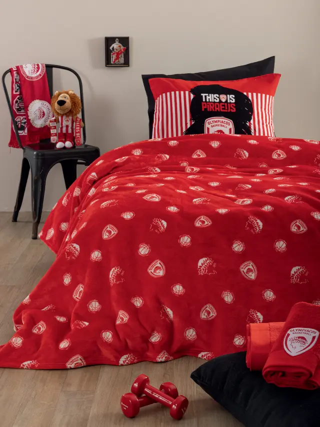 Κουβέρτα 160x220 Μονή Flannel-Sherpa 400gsm Palamaiki Olympiacos BL Red Flannel-Sherpa