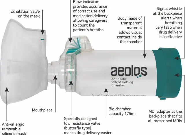 Aeolos Anti-Static Valved Holding Chamber Large Mask Αεροθάλαμος Εισπνοών για Ηλικίες 6+ ετών