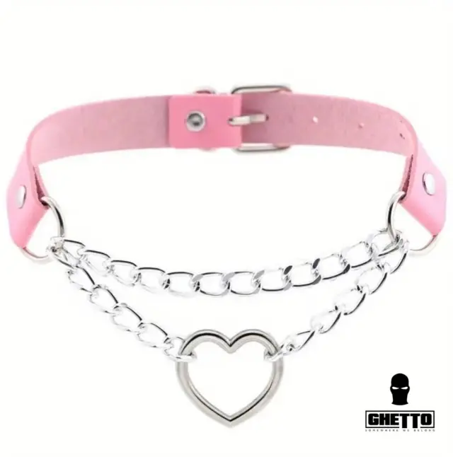 Ghetto Punk Leather Chain Choker Heart Necklace Pink