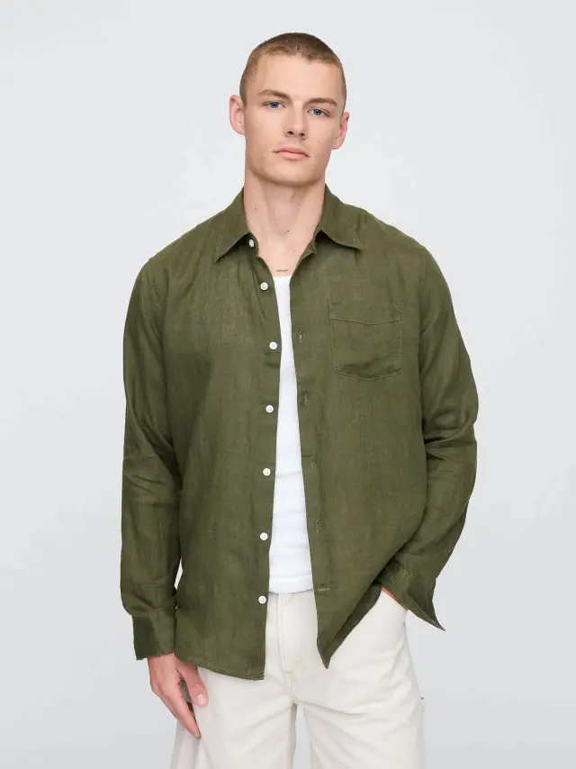 100% Λινό Κλασικό Πουκάμισο Army jacket green - XXL