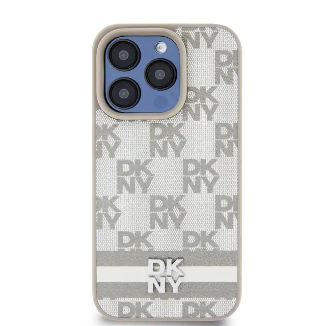 DKNY PU Leather Checkered Pattern and Stripe Case for iPhone 14 Pro Beige 2