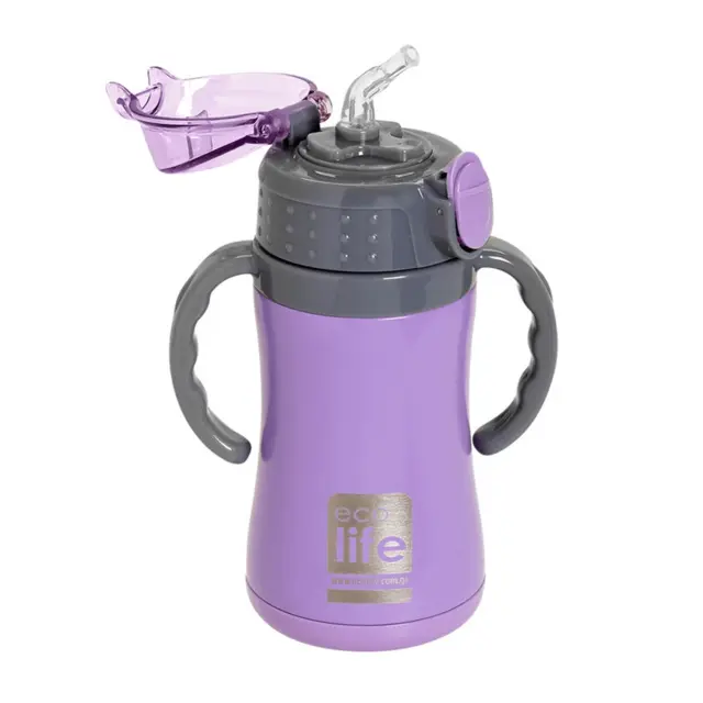 Ecolife Kids Thermos Lilac Ανοξείδωτο Παγούρι Θερμός με Καλαμάκι και Χερούλια 300ml 2
