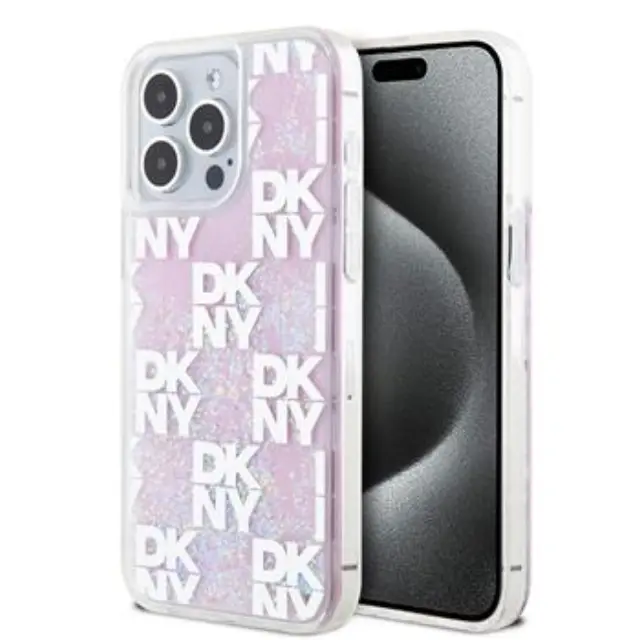 DKNY Liquid Glitter Checkered Pattern Case for iPhone 15 Pro Max Pink