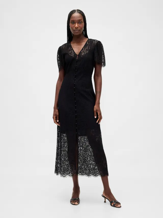 Δαντελένιο V-Neck Midi Φόρεμα true black