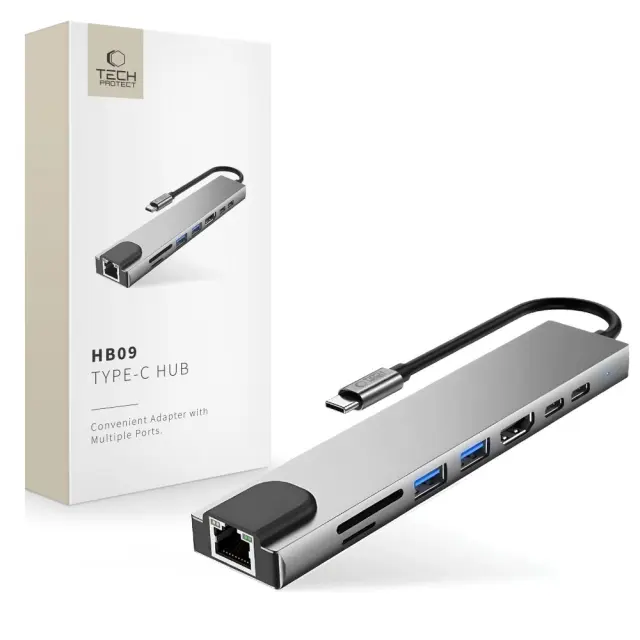Tech-protect Hb09 Hub Adapter 8in1 Type-c + Usb-a3.0 + Usb-c3.0 + Hdmi 4k 60hz + Sd/tf + Pd100w + Rj45 1000mb/s Space Grey