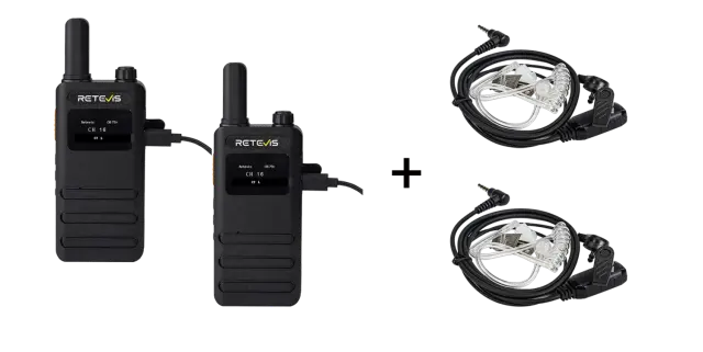 Walkie Talkie Retevis B63S with LCD Screen (2-pack) + 2x G-Hook earpiece C9250A, Transparent 2