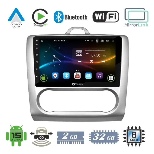 VenCore Οθόνη Multimedia Android 15 9" 9109A MTK6762 Octa-Core 2GB/32GB IPS με Πρόσοψη, CarPlay, Android Auto και Υποστήριξη Κάμερας Οπισθοπορείας AHD για Ford Focus Auto A/C 2004-2015 – Ασημί (3236-10007-0041SA)