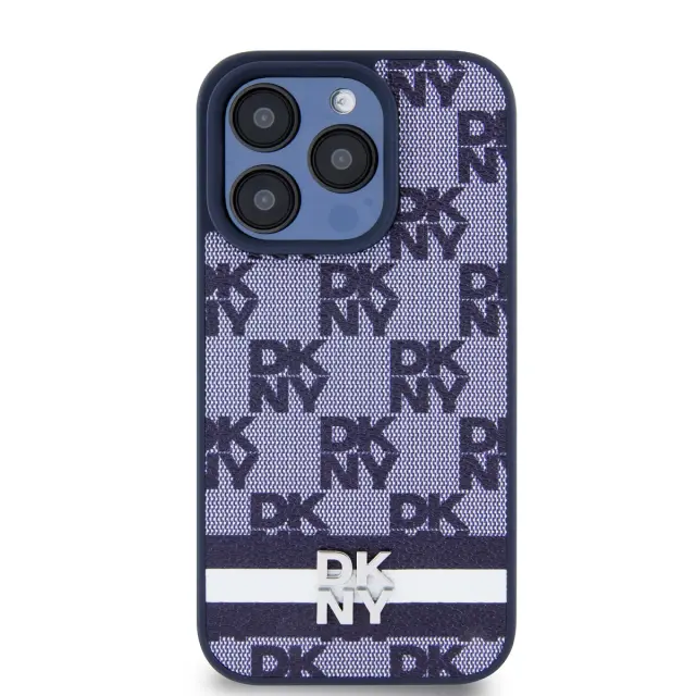 DKNY PU Leather Checkered Pattern and Stripe Case for iPhone 15 Pro Blue 2