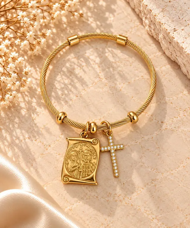 Stainless Steel Cuff Bracelet with Byzantine Icon & Cross Charm