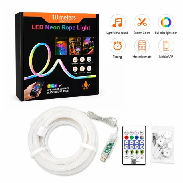 Έξυπνη RGB LED Neon Rope Light 10 Μέτρων USB με Τηλεχειριστήριο, Εφαρμογή και IP68 - LED Neon Rope Light 10M 082399
