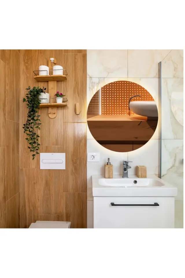 Stewehome Στρογγυλός καθρέφτης τοίχου με LED και ασύρματη λειτουργία Πορτοκαλί 35x35 cm 3