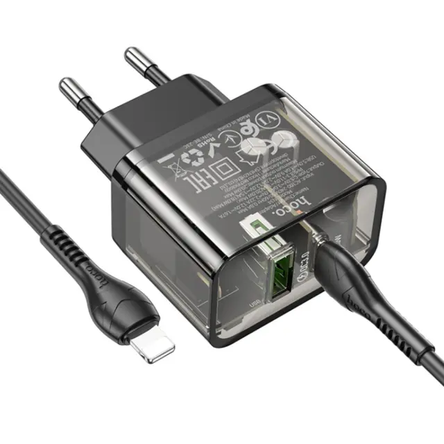 Hoco Φορτιστής με Θύρες USB-C, USB-A και Καλώδιο Lightning 45W Μαύρος N34 3