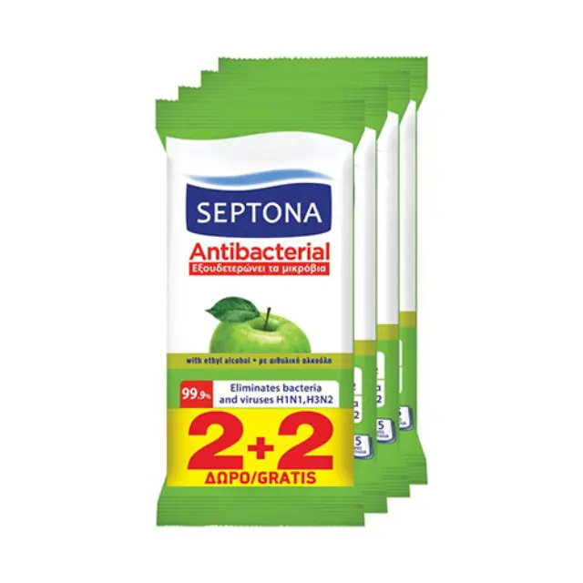Septona Promo (2+2 Δώρο) Antibacterial Hand Wipes Aντιβακτηριακά Mαντηλάκια Xεριών Πράσινο Μήλο, 4 x 15τεμ
