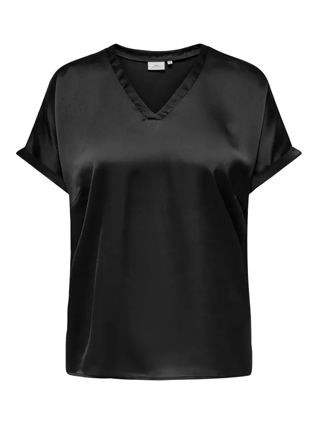 Μπλούζα σατέν κοντομάνικη plus size - Μαύρο - 44