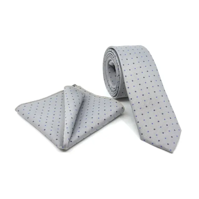 Ασημί–Navy Πουά Γραβάτα Microfiber Σετ με Μαντήλι 6,5 cm