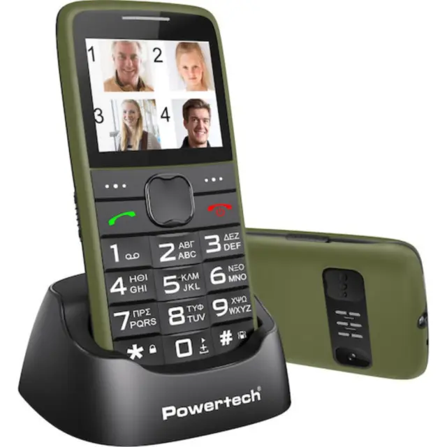 POWERTECH Sentry Eco V2 PTM-42 Dual SIM Κινητό με Μεγάλα Πλήκτρα, SOS, Οθόνη 2.2", USB-C + Βάση Φόρτισης – Χακί