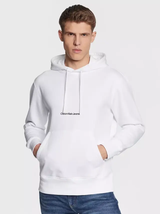 Calvin Klein - Ανδρικό Φούτερ με Κουκούλα και Τσέπες Institutional J30J322894-YAF Λευκό - XL