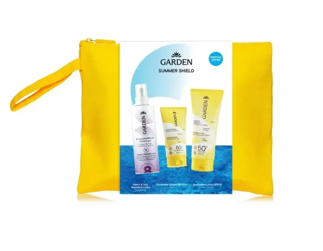 Garden Summer Shield Bag με Αντηλιακό Γαλάκτωμα Πρόσωπο & Σώμα SPF50, 75ml & Αντηλιακή Κρέμα Προσώπου SPF50+, 25ml & Εντομοαπωθητικό Γαλάκτωμα, 100ml & Μεγάλο Ριγέ Νεσεσέρ