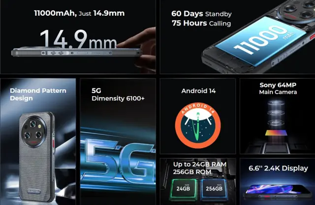 OUKITEL smartphone WP35, 6.6", 8/256GB, 5G, 11000mAh, IP68/IP69K, γκρι 2