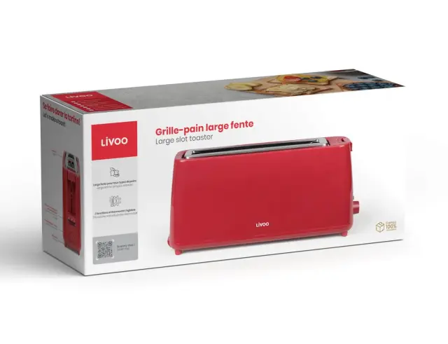 Φρυγανιέρα long slot Livoo DOD168RC με ισχύ 750W, λειτουργία ξεπαγώματος και χωρητικότητα 1 φέτα ψωμιού - Red chili DOD168RC 2
