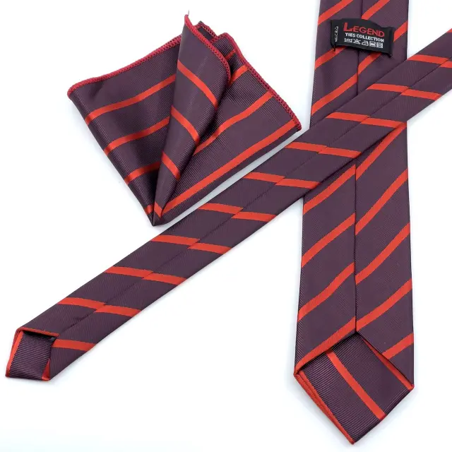 Μπορντό Ριγέ Γραβάτα Microfiber Σετ με Μαντήλι Σχέδιο 7705-Α 3
